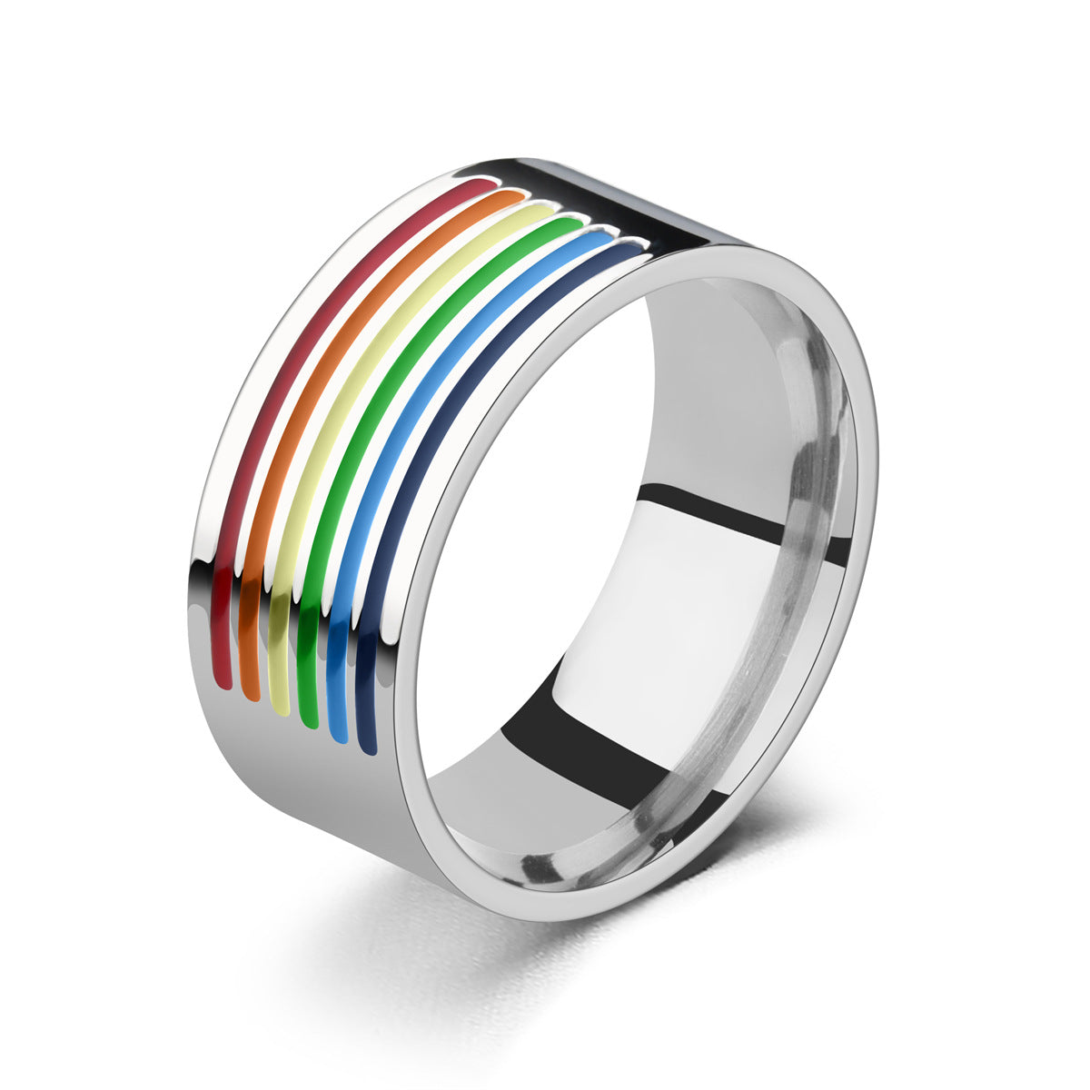 Anneau en acier inoxydable arc-en-ciel bisexuel avec motifs arc-en-ciel, symbole de fierté LGBTQ, porté comme bijou de mode.