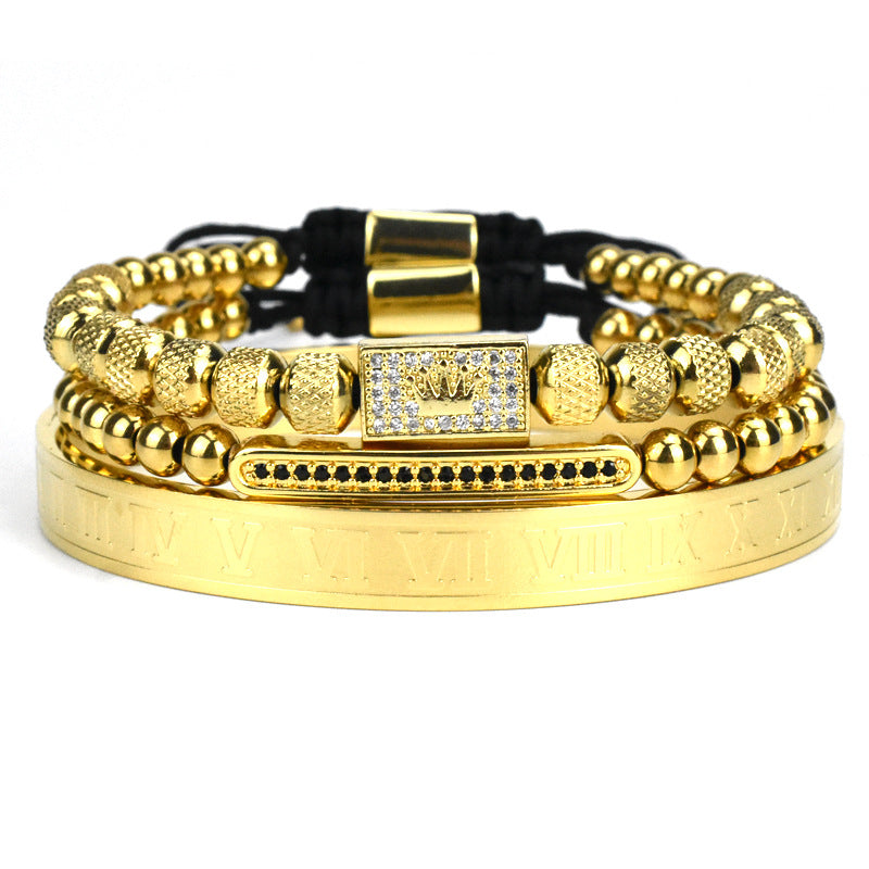 Bracelet en acier inoxydable pour homme avec chiffres romains, style élégant et moderne.
