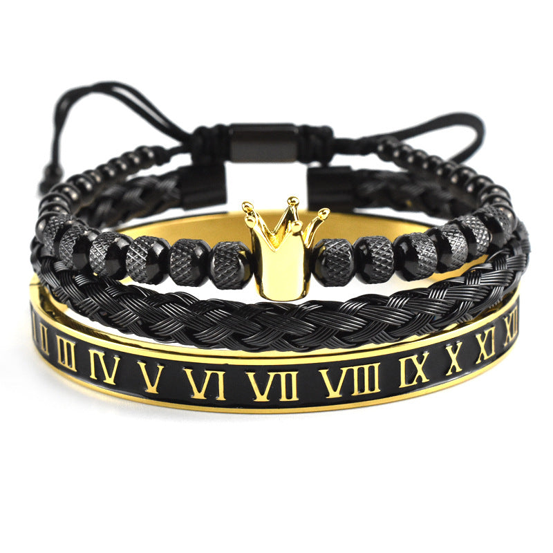 Bracelet tissé brillant en acier inoxydable noir, style couronne, pour homme ou femme, bracelet élégant et moderne.