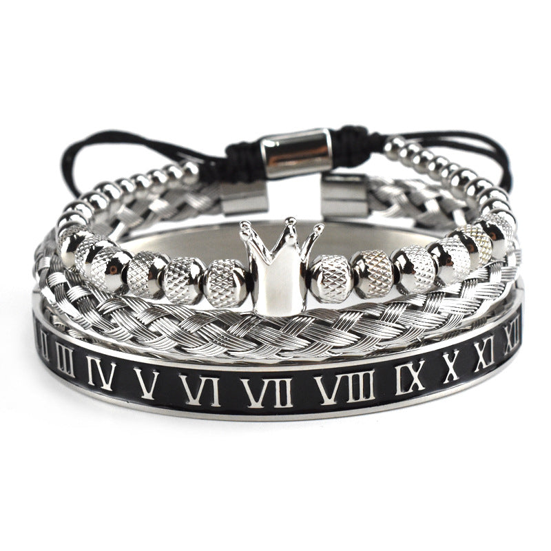 Bracelet tressé brillant en acier inoxydable noir, style couronne, bracelet mode élégant en acier pour homme et femme.