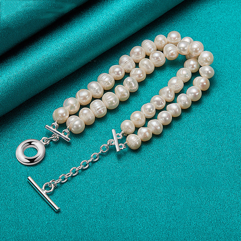 Bracelet à maillons doubles avec perles d'eau douce de 8 mm, bracelet élégant en perles naturelles, finition raffinée.
