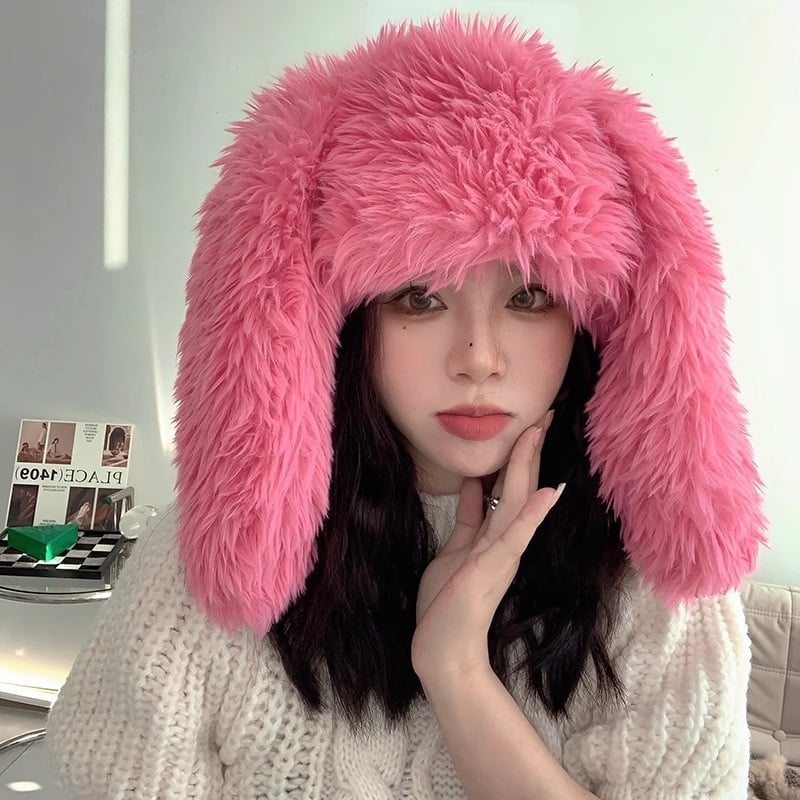 Bonnet en peluche mignon avec oreilles de lapin pour enfants, doux et adorable, parfait pour garder chaud.