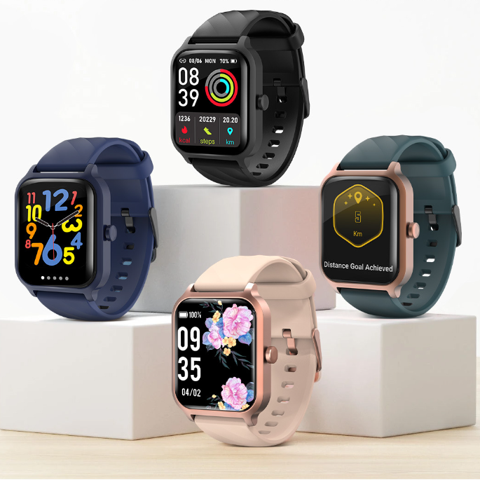 Montre connectée multifonctionnelle de la marque MARKET DE PRODUITS DE BEAUTÉ & SANTÉ avec écran, capteur de fréquence cardiaque et oxygène.