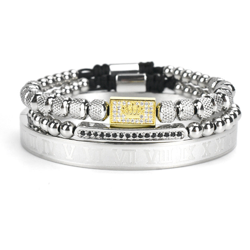 Bracelet en acier inoxydable pour hommes avec chiffres romains, bracelet élégant et masculin en métal brillant.