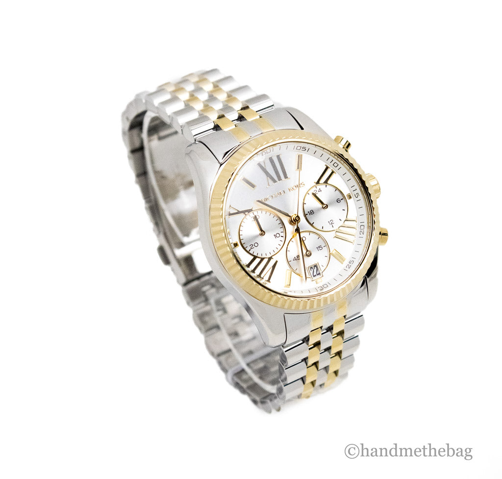 Montre chronographe Michael Kors Lexington MK5955 en acier inoxydable argent et or, affichant un cadran sophistiqué.