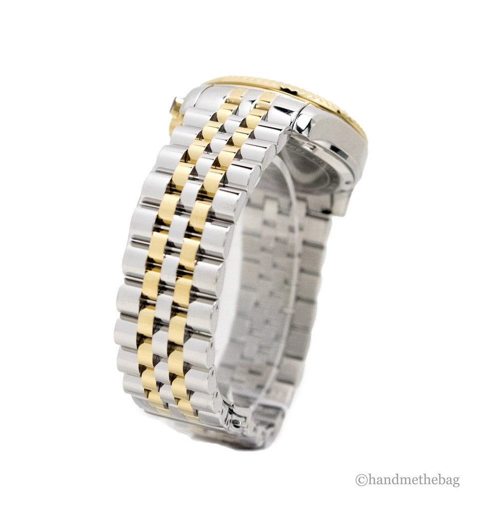 Montre chronographe Michael Kors Lexington en acier inoxydable argent et or, bracelet en acier brossé, cadran élégant.