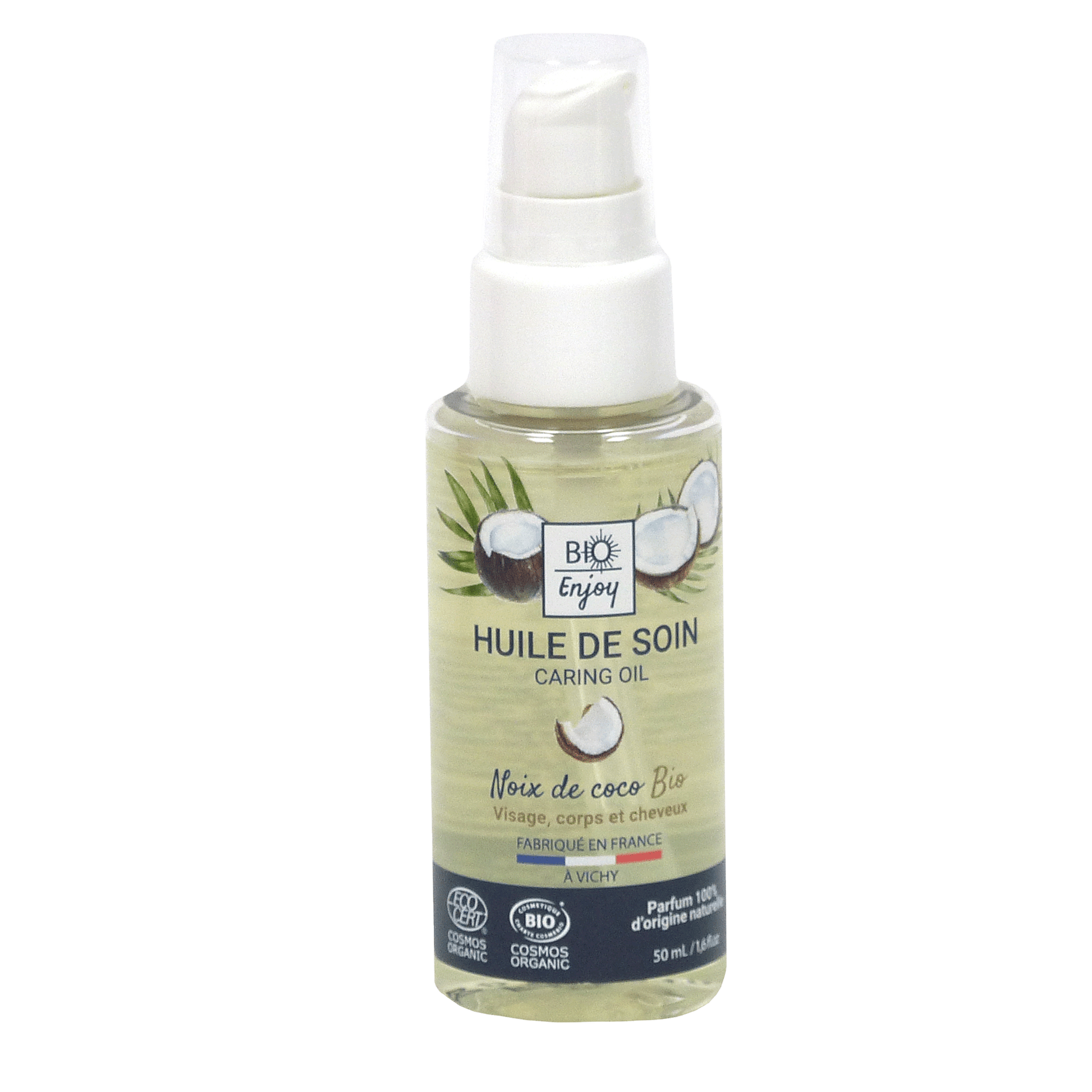 Huile de soin à la noix de coco bio Bio Enjoy, 50 mL, flacon avec huile transparente et parfum naturel.
