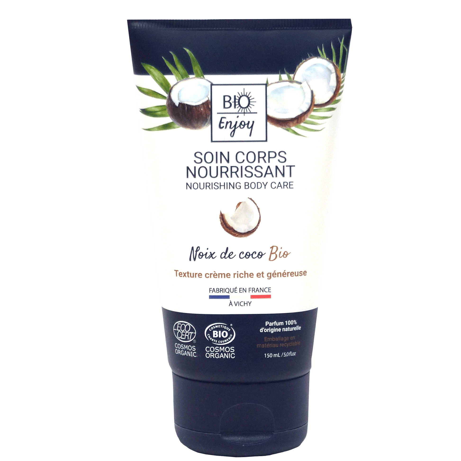 Crème pour le corps nourrissante à la noix de coco bio, format 150mL, de la marque Bio Enjoy, avec texture riche et parfum coco naturel.