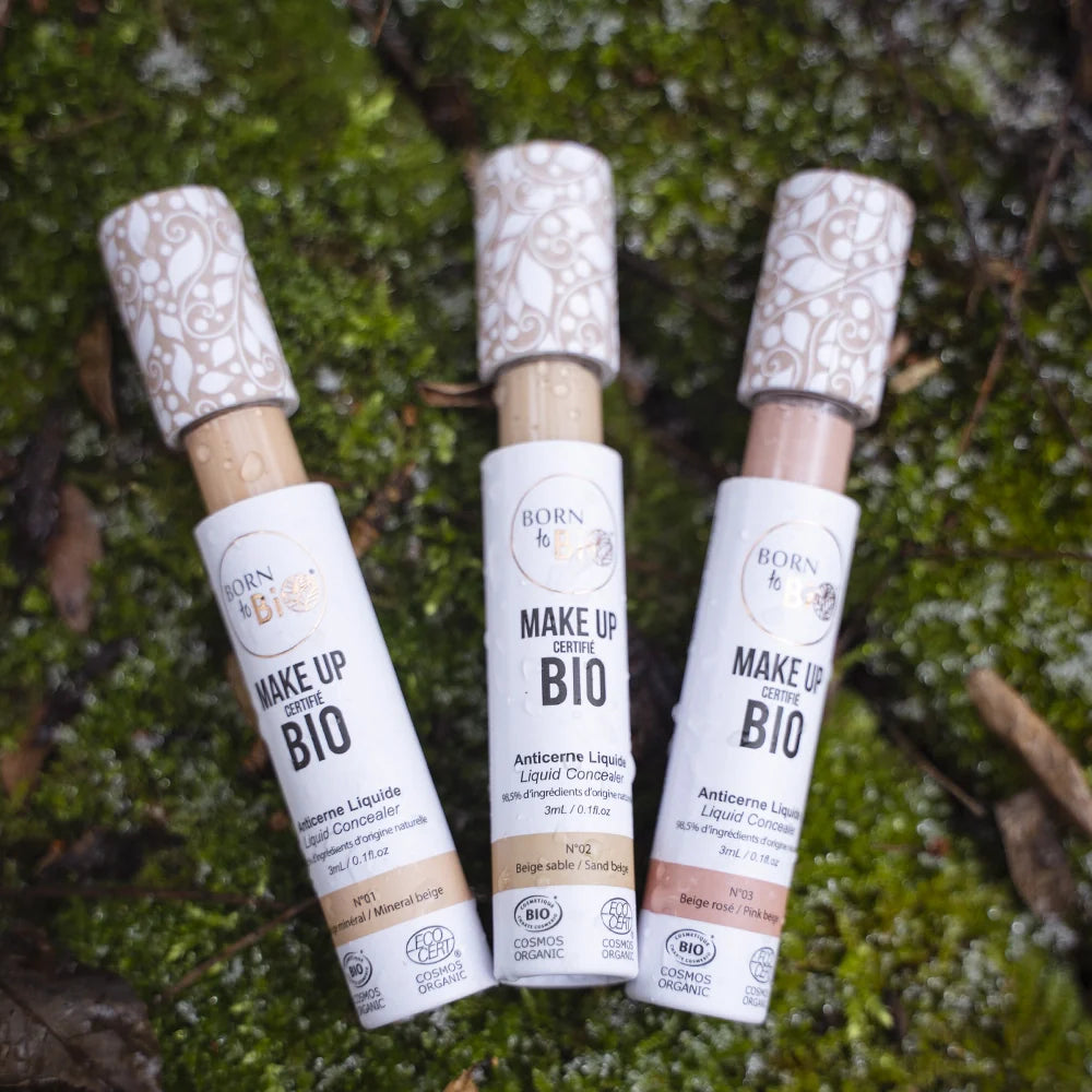 Anticernes liquide bio de la marque Born to Bio, application douce, couvrance naturelle pour un teint lumineux.