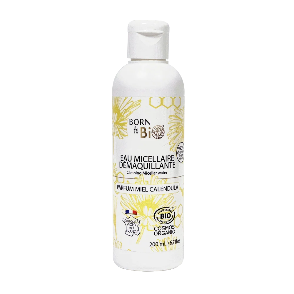Eau micellaire démaquillante Born to Bio au miel et calendula, certifiée bio, dans un flacon transparent avec pompe.