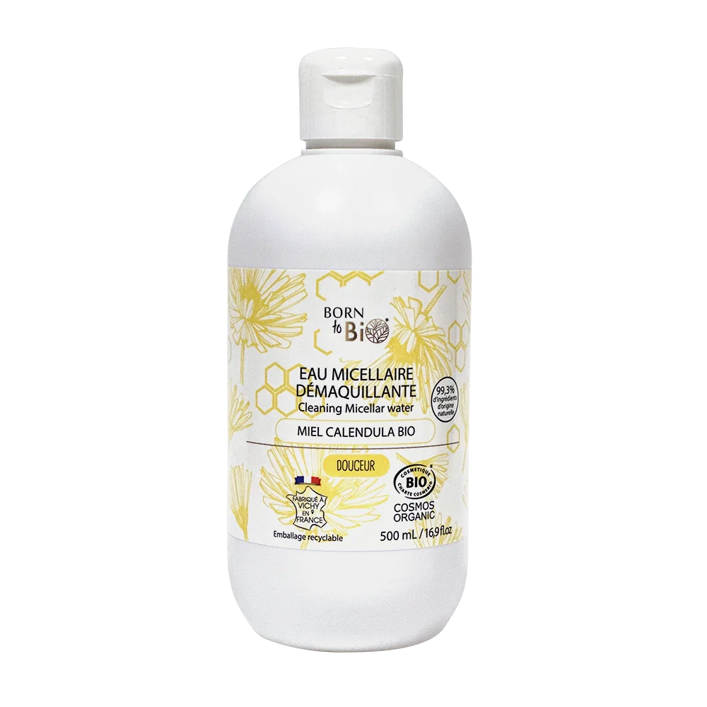 Eau micellaire démaquillante bio avec miel et calendula de Born to Bio, flacon de 500 ml, pour nettoyer et apaiser la peau.