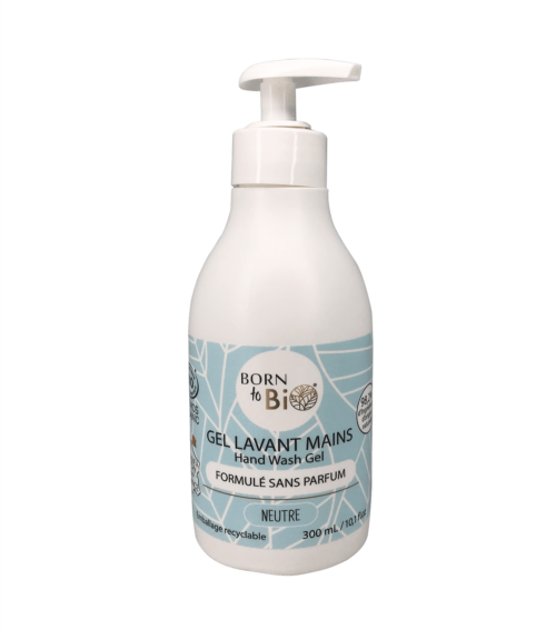 Gel lavant neutre pour les mains Born to Bio, formule sans parfum et certifiée bio, visible en flacon avec pompe.