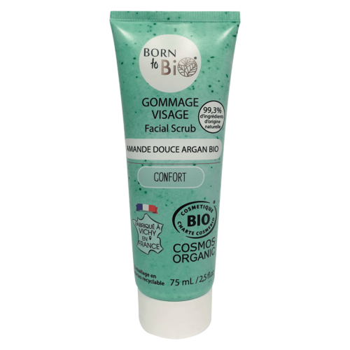 Gommage visage bio à l'amande douce et argan de Born to Bio, texture crémeuse et naturelle, pour une peau douce et revitalisée.