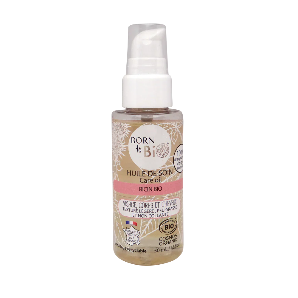 Huile de soin Ricin bio de Born to Bio, flacon avec étiquette, idéale pour les soins capillaires et de la peau.