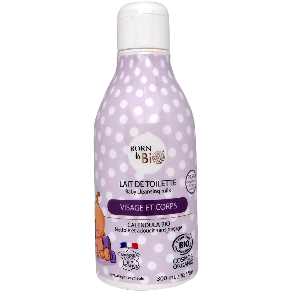 Lait de toilette bio pour bébé Born to Bio, flacon en plastique avec pompe, adapté à la peau sensible de bébé.