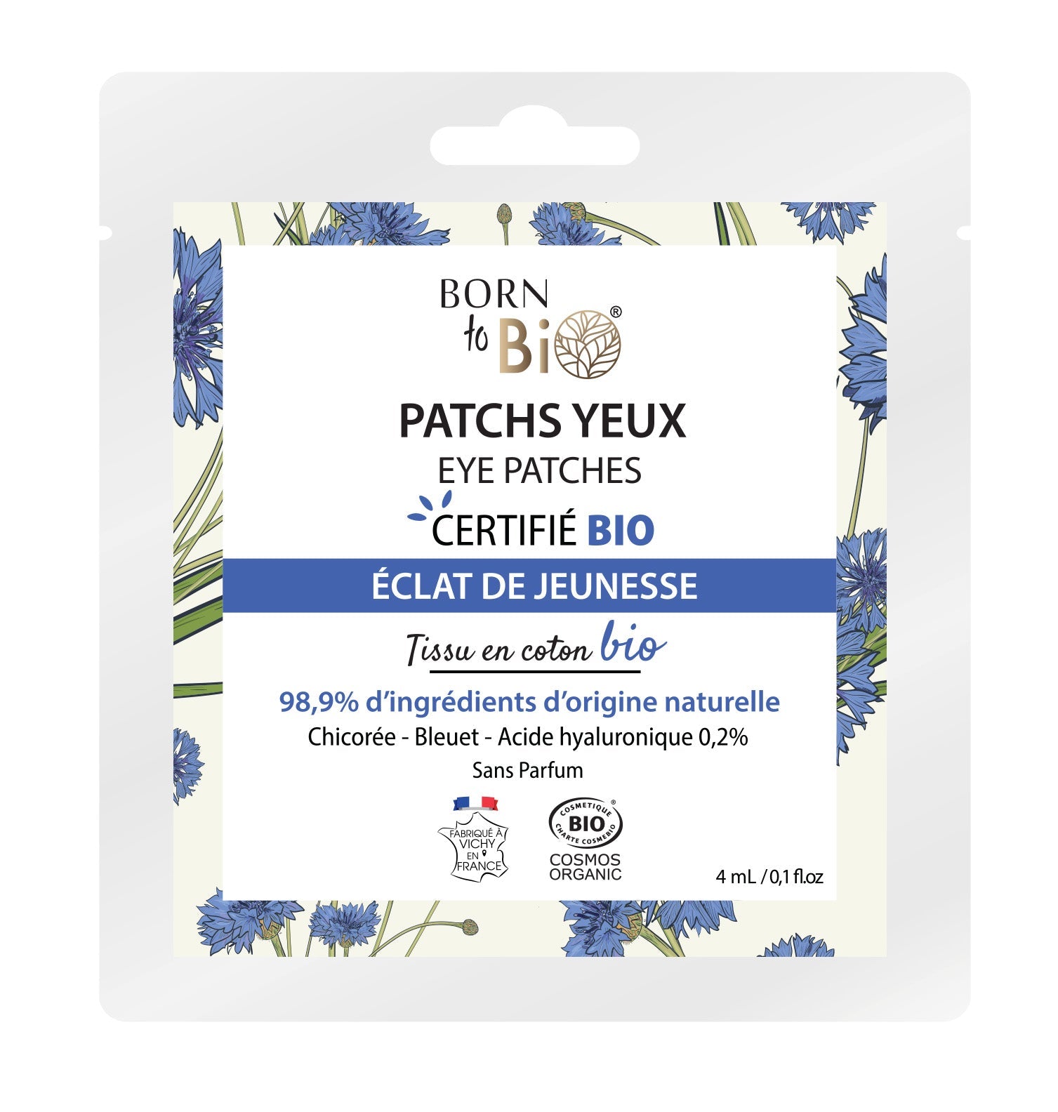 Masques pour les yeux Éclat de Jeunesse de Born to Bio, patchs en coton certifiés bio pour une peau rafraîchie et revitalisée.