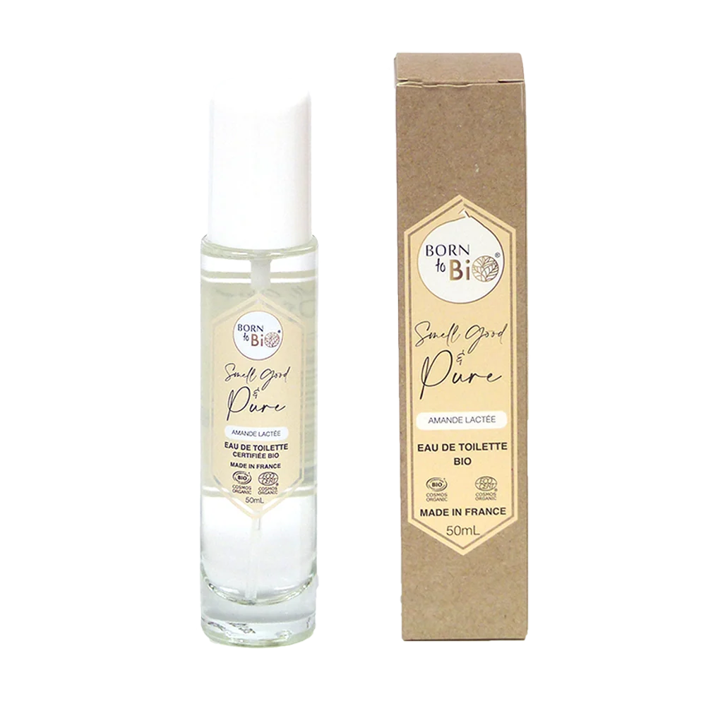 Eau de toilette bio Amande Lactée de Born to Bio, parfum intérieur doux et gourmand avec note d'amande naturelle.