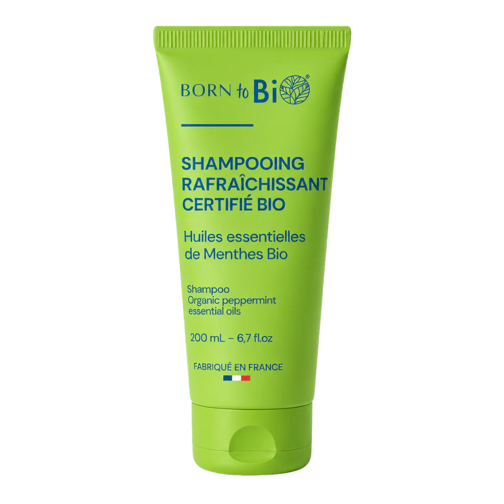 Shampooing rafraîchissant à la menthe verte de la marque Born to Bio, bouteille verte avec étiquette naturelle.