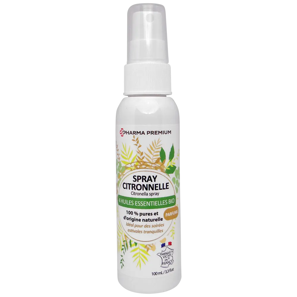 Spray assainissant à la citronnelle et huiles essentielles bio Born to Bio, flacon spray avec étiquette verte et capuchon blanc
