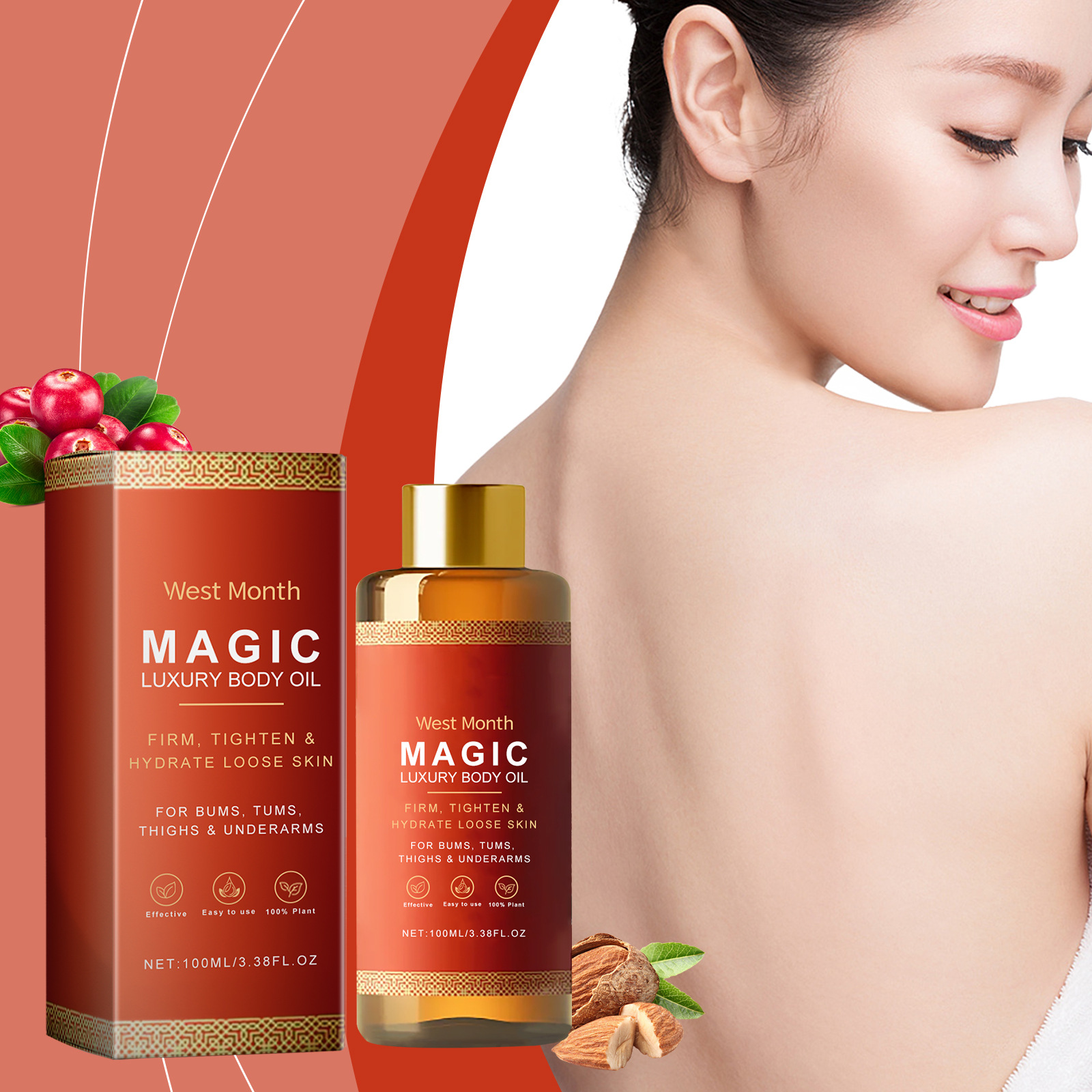 Huile corporelle apaisante de Boutique Angenor, flacon avec huile dorée pour soin de la peau et détente.