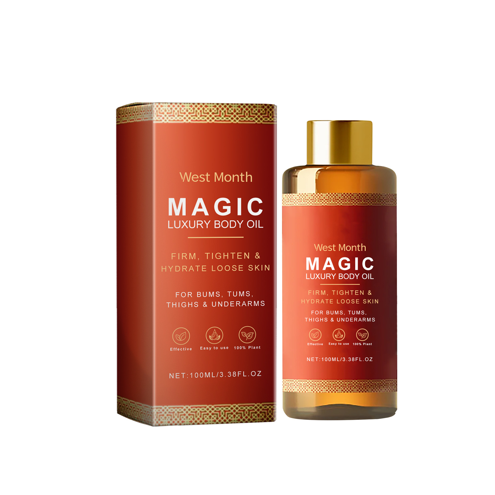 Huile corporelle apaisante de Boutique Angenor, flacon avec liquide doré pour soin du corps et détente.