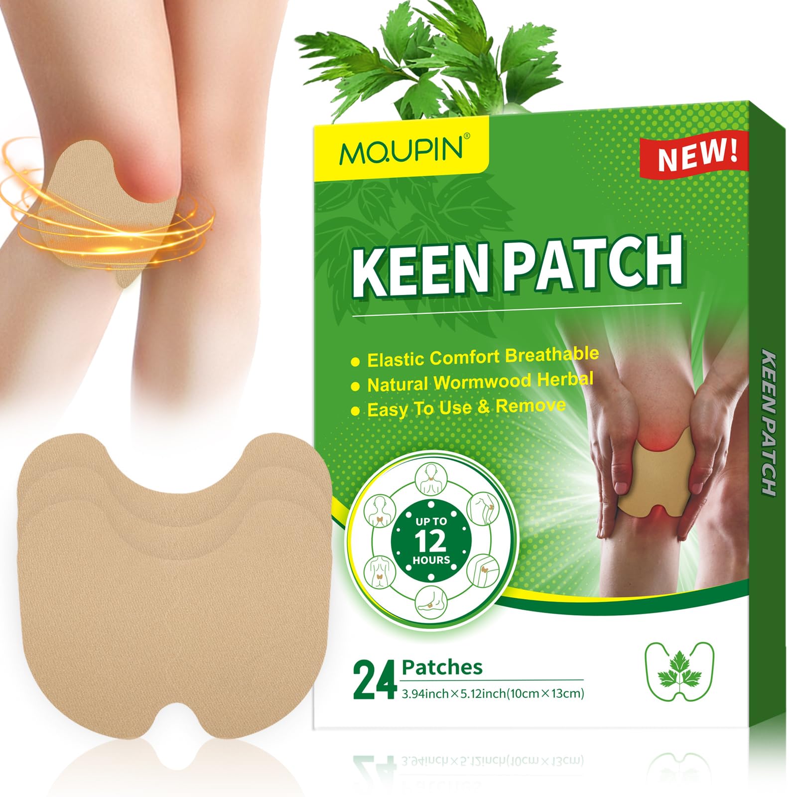 Patch de genou MQUPIN pour soulagement naturel de la douleur, compatible avec genoux, dos, cou et épaules.
