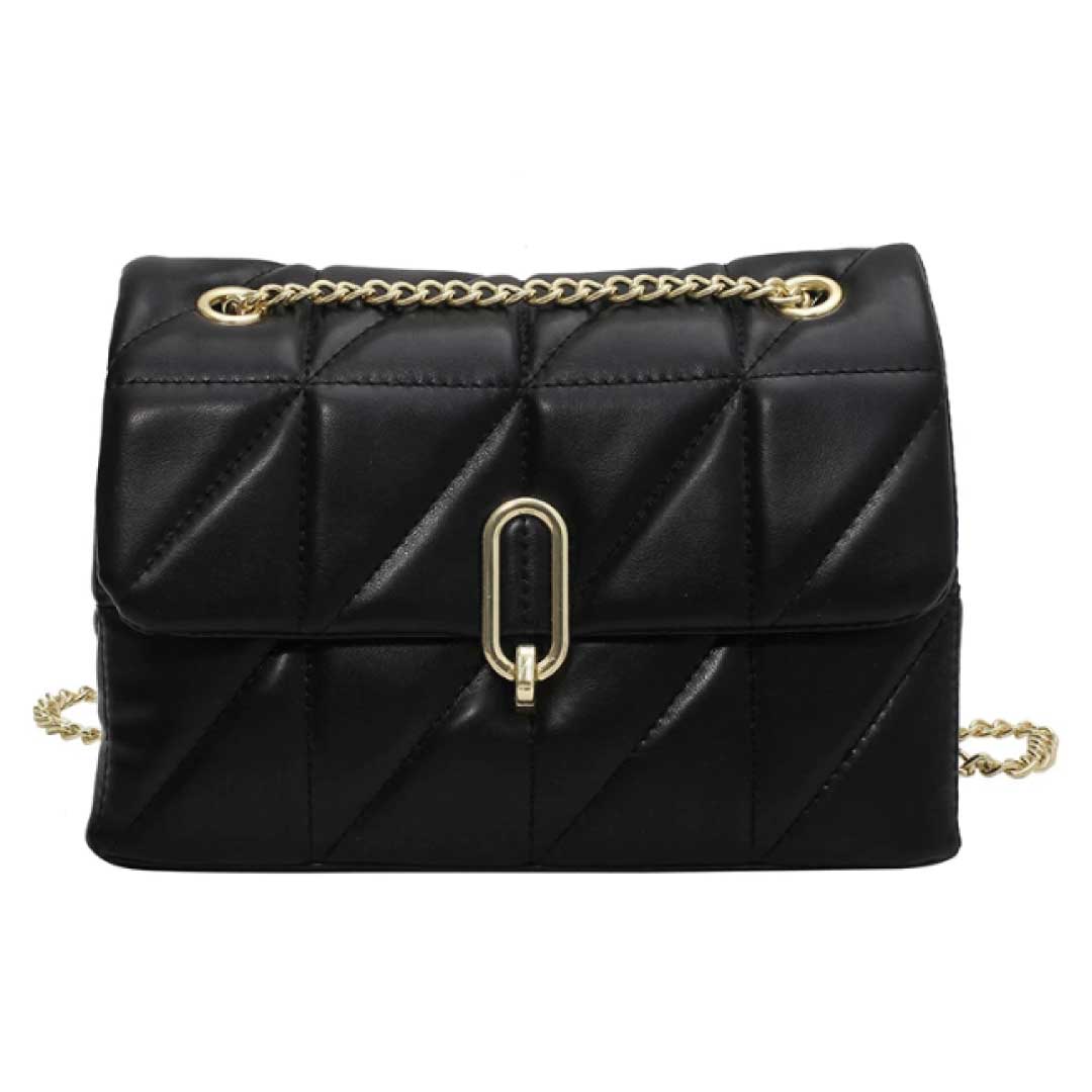 Sac à bandoulière Karah de Boutique Angenor, en cuir noir avec détails élégants, vue de l'avant.