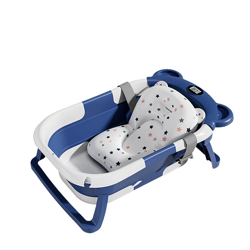 Baignoire pour bébé nouvelle née avec capteur de température, marque Boutique Angenor, en plastique blanc avec support.