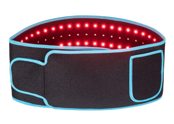 Ceinture de thérapie infrarouge LED Boutique Angenor avec bandeau noir et LED rouges pour le soulagement de la douleur.