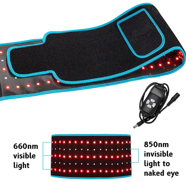 Ceinture de thérapie à infrarouge LED Boutique Angenor avec bandeau noir, dispositif portable pour soulagement thérapeutique.