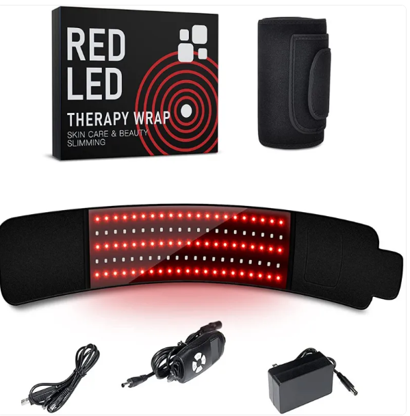 Ceinture de thérapie infrarouge LED de la marque Boutique Angenor, avec bandeau noir et éléments en plastique blanc pour la relaxation.