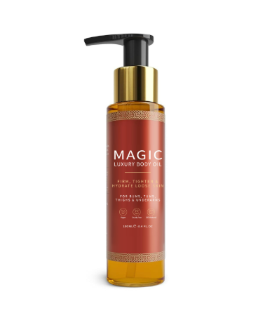Huile corporelle magique de Boutique Angenor, flacon avec pompe, pour une peau douce et parfumée.