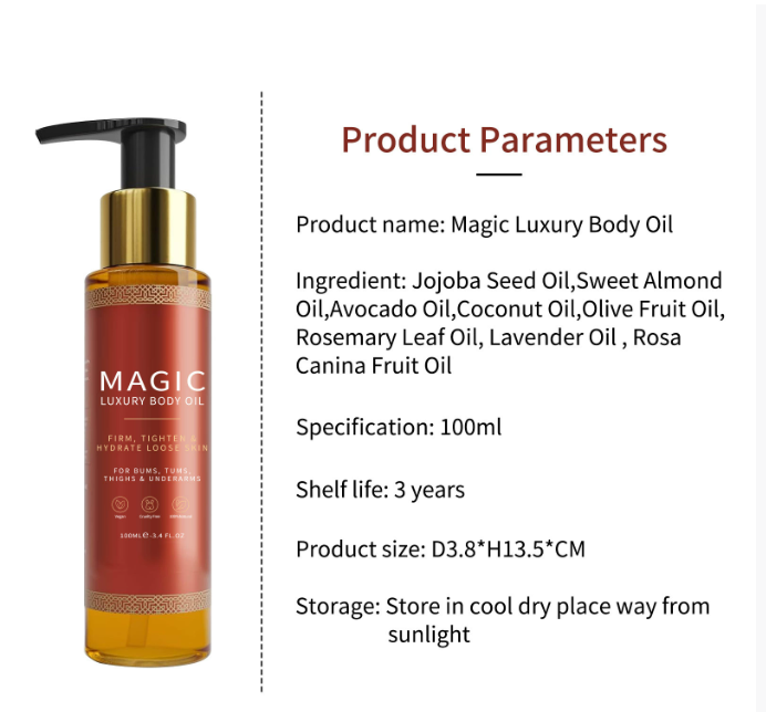 Huile corporelle magique de Boutique Angenor, bouteille avec pompe, pour une peau hydratée et lumineuse.