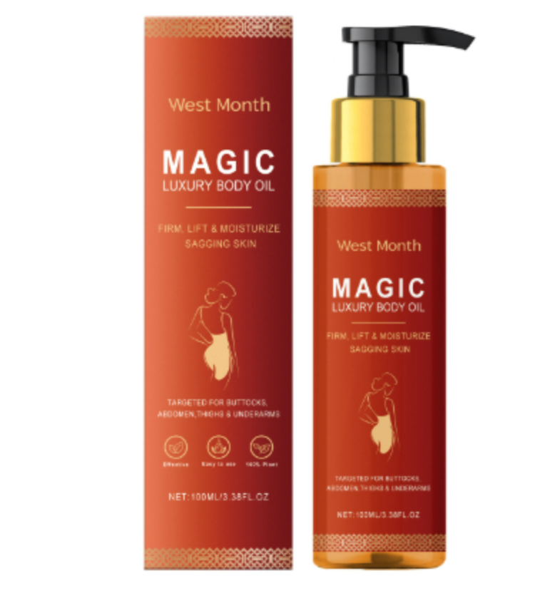 Huile pour le corps Magic Body Oil de Boutique Angenor, flacon élégant avec huile nourrissante et parfumée pour la peau.
