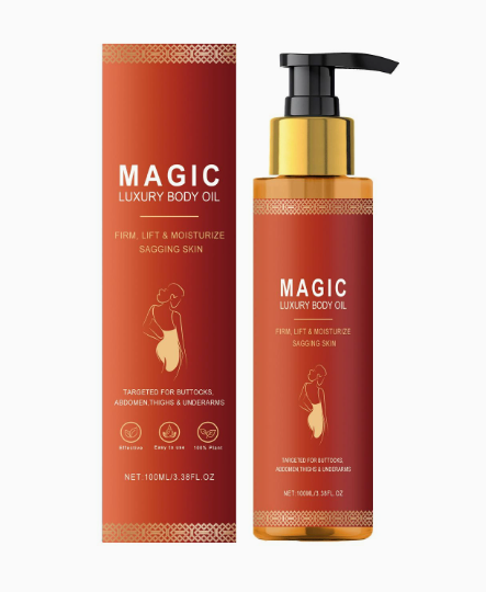 Huile corporelle magique de Boutique Angenor, flacon élégant avec pompe, pour une peau hydratée et éclatante.