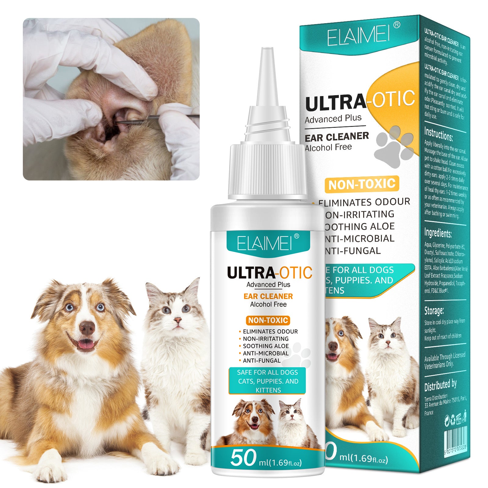 Solution nettoyante pour oreilles d'animaux Boutique Angenor, flacon de 50ml pour le nettoyage en douceur des oreilles de votre animal.