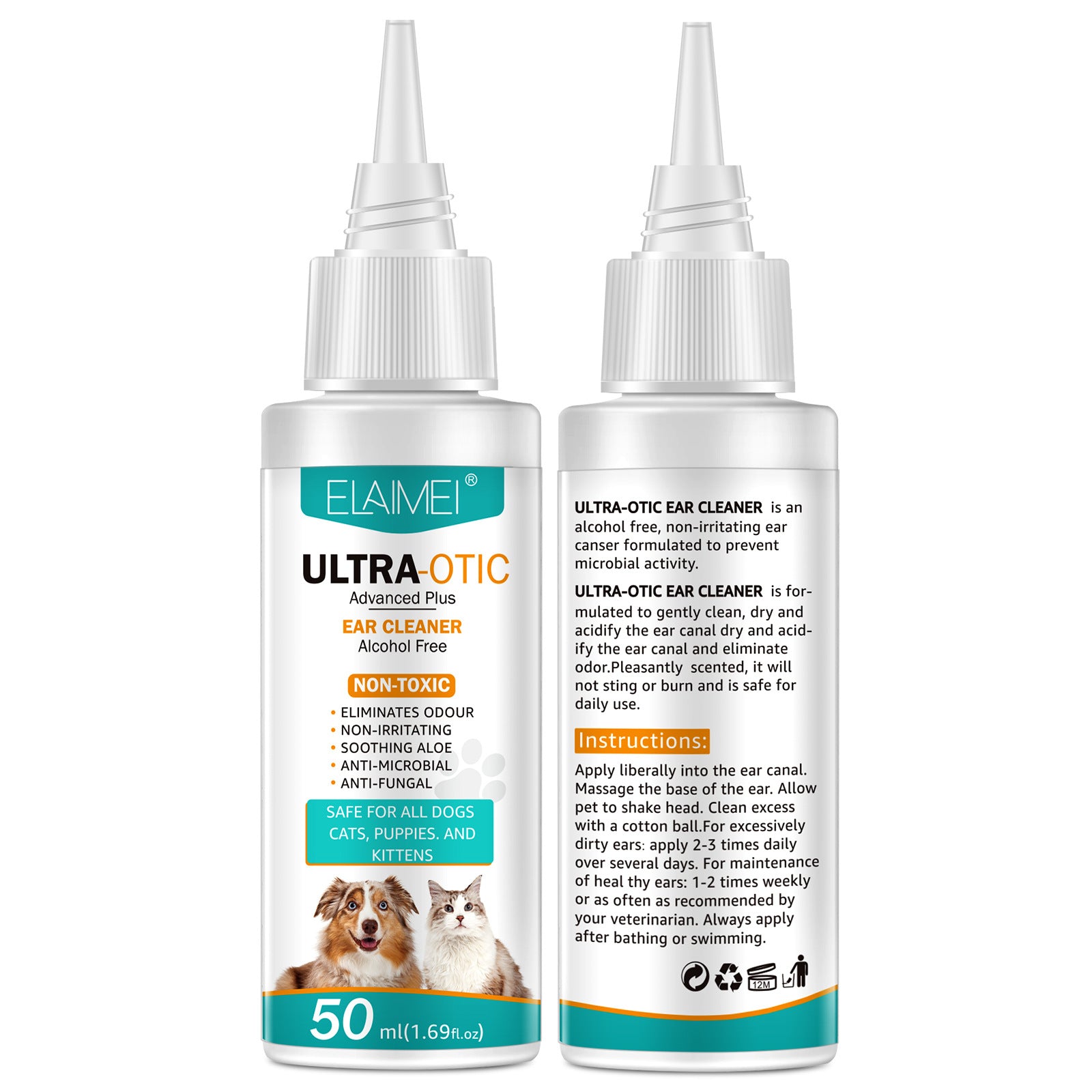 Solution nettoyante pour oreilles de chien ou chat, 50ml, de la marque Boutique Angenor, dans un flacon avec bouchon blanc.