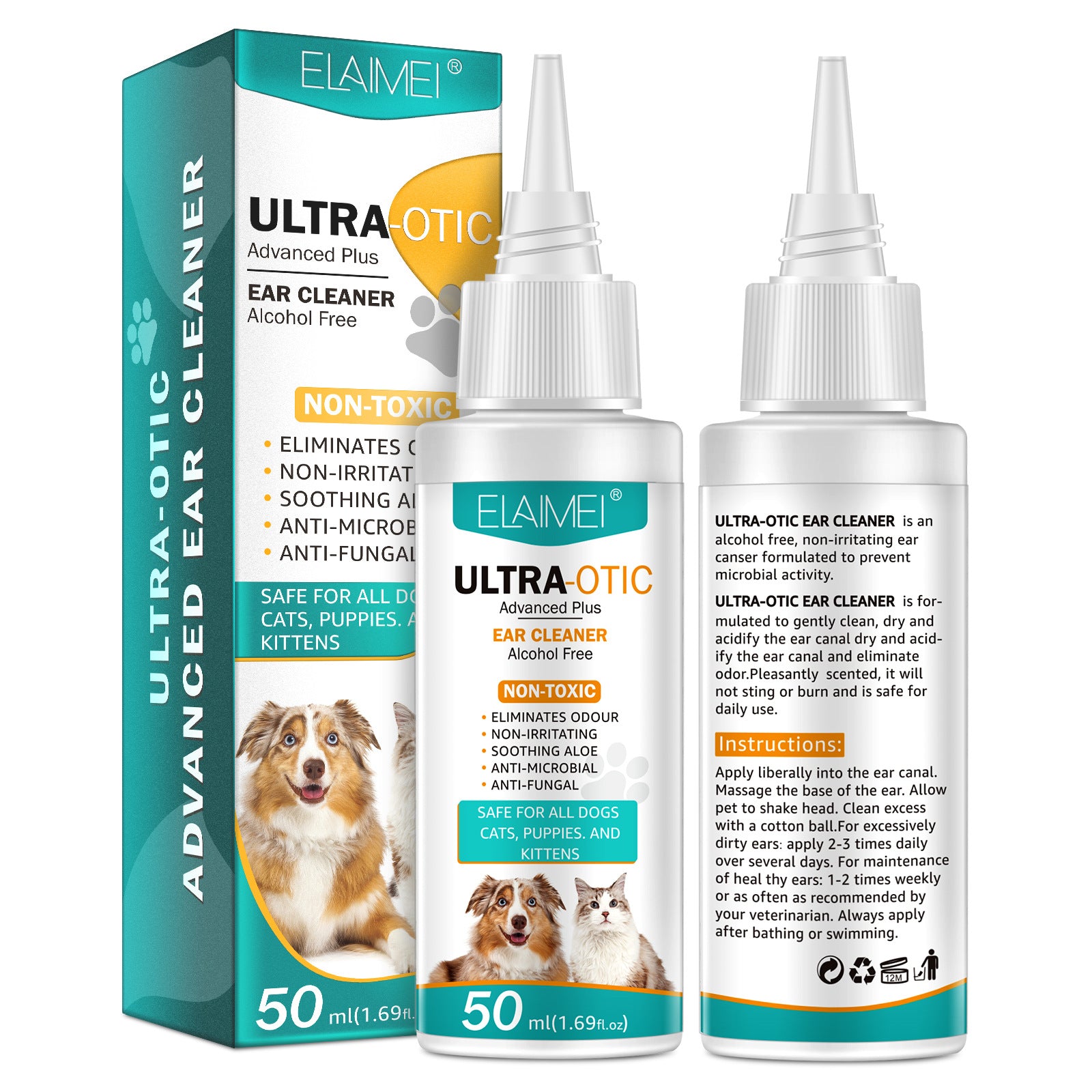 Solution nettoyante pour oreilles de animal de 50ml de la marque Boutique Angenor, bouteille en plastique avec bouchon blanc.