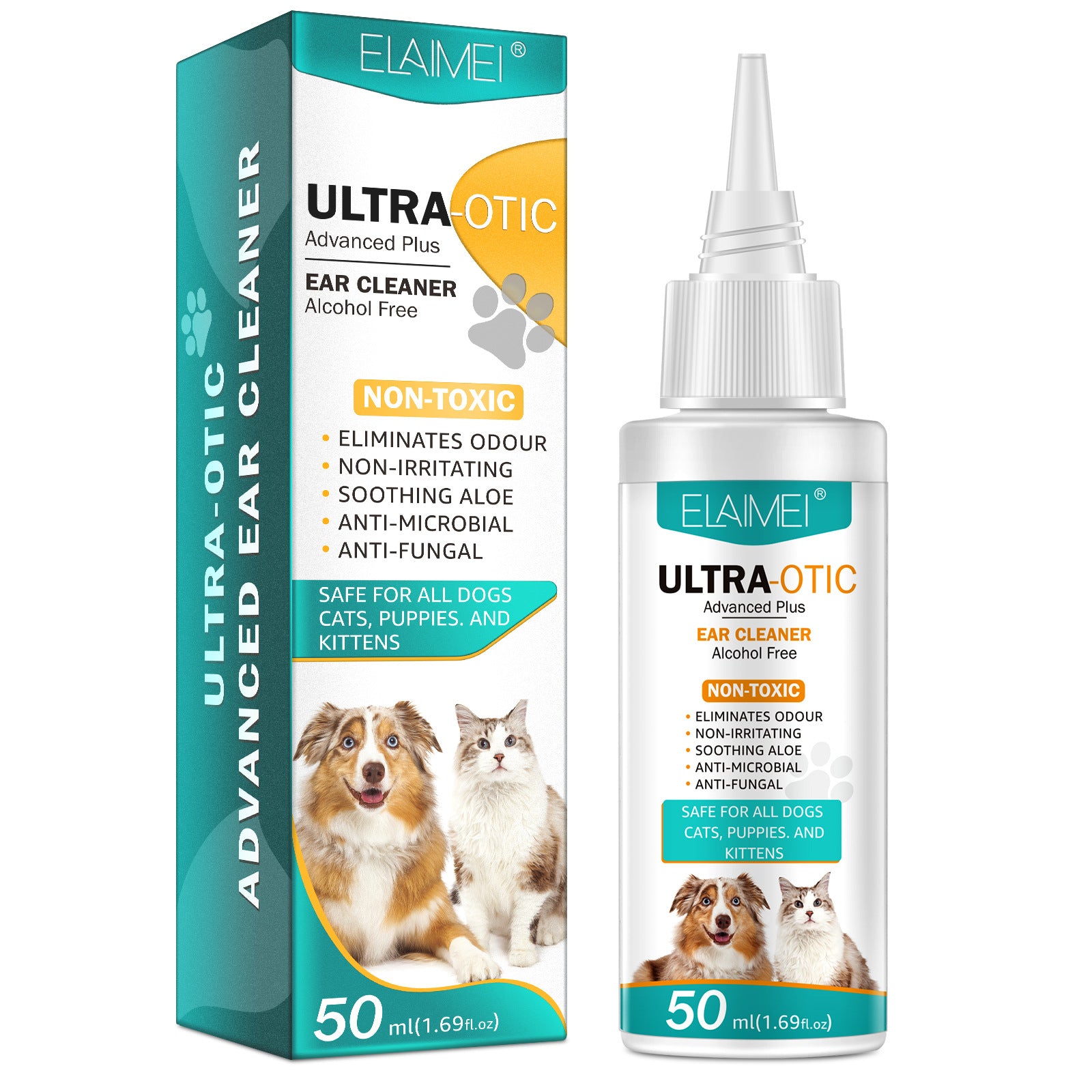 Nettoyant pour oreilles d'animaux Boutique Angenor, flacon de 50ml, avec applicateur pour une utilisation facile.