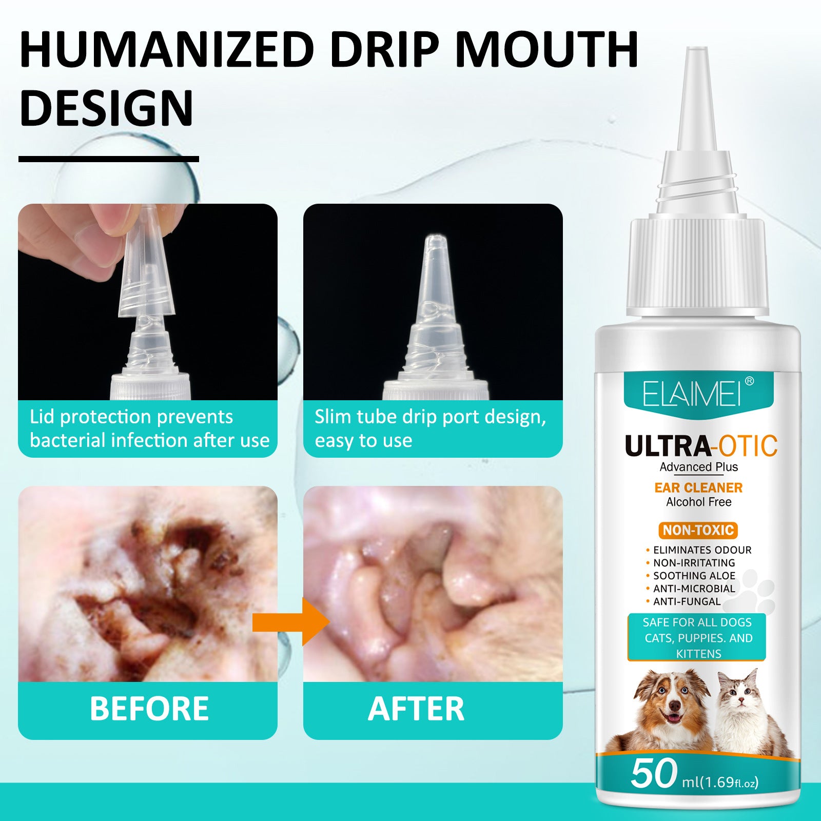 Solution nettoyante pour oreilles d'animaux Boutique Angenor, flacon de 50 ml avec embout applicateur pour nettoyage facile.