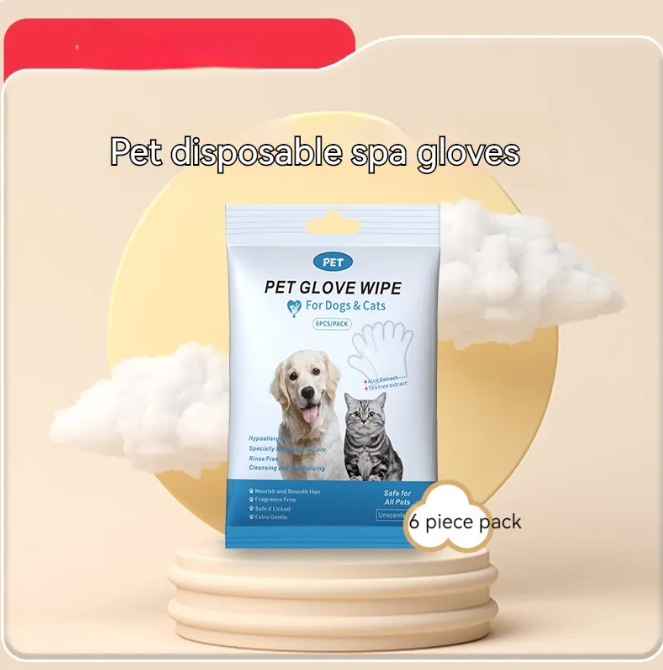 Gants et lingettes de nettoyage pour animaux de compagnie Boutique Angenor, adaptés pour brosser et essuyer votre animal.