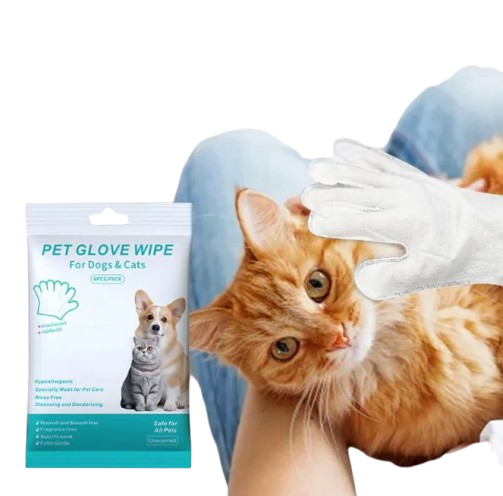 Gants de nettoyage pour animaux de compagnie et lingettes de la marque Boutique Angenor, pour le toilettage et l'hygiène des animaux.