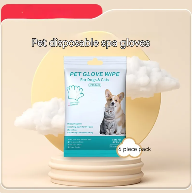 Gants et lingettes de nettoyage pour animaux de compagnie de la marque Boutique Angenor, adaptés pour le toilettage et le nettoyage.