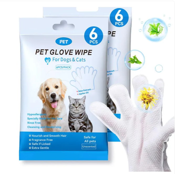 Gants et lingettes de nettoyage pour animaux de la marque Boutique Angenor, pour brosser et essuyer votre animal domestique.