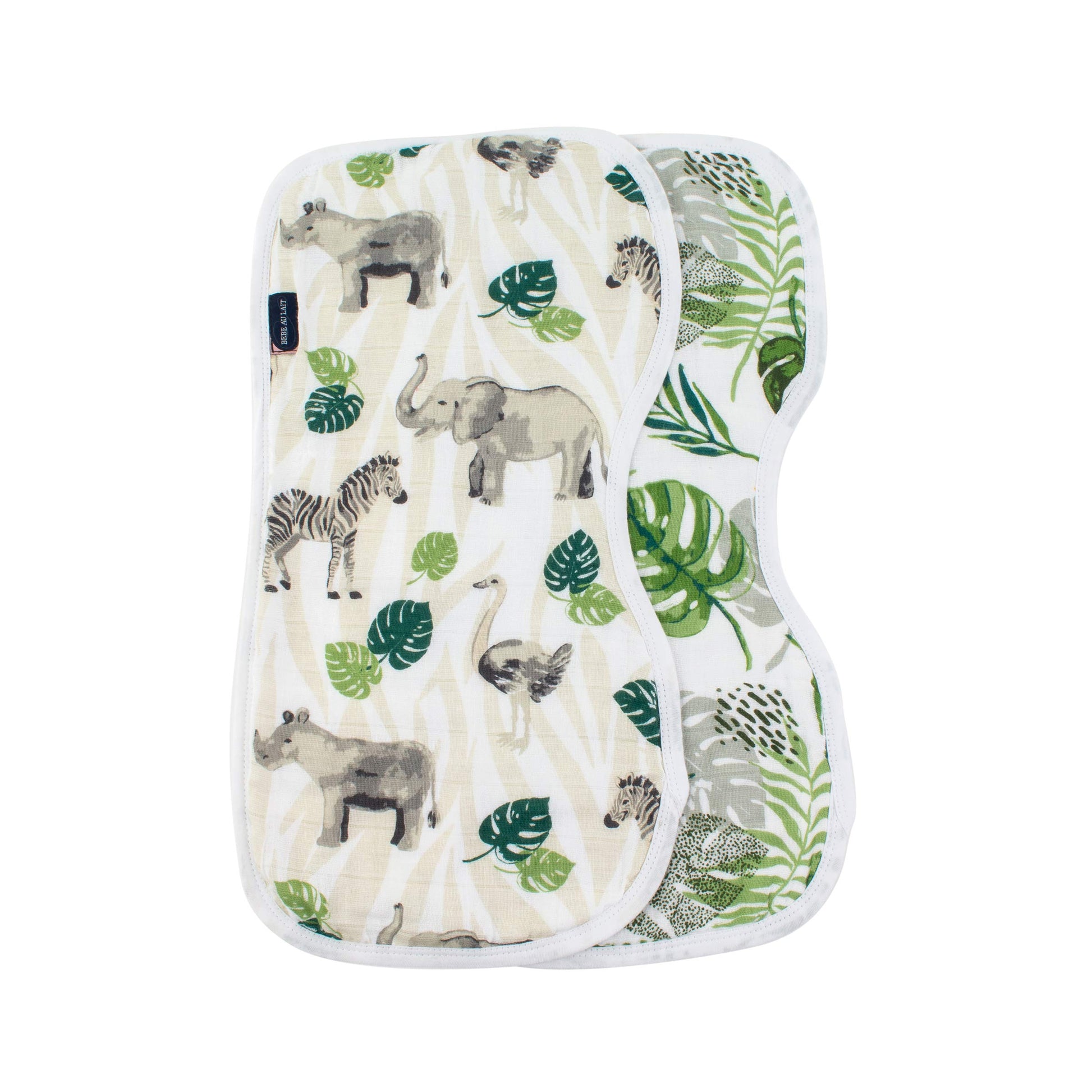 Lingettes de bavoir en mousseline Bebe au Lait Jungle Rainforest, lot de 2, en vert, tissu léger et absorbant pour bébé.