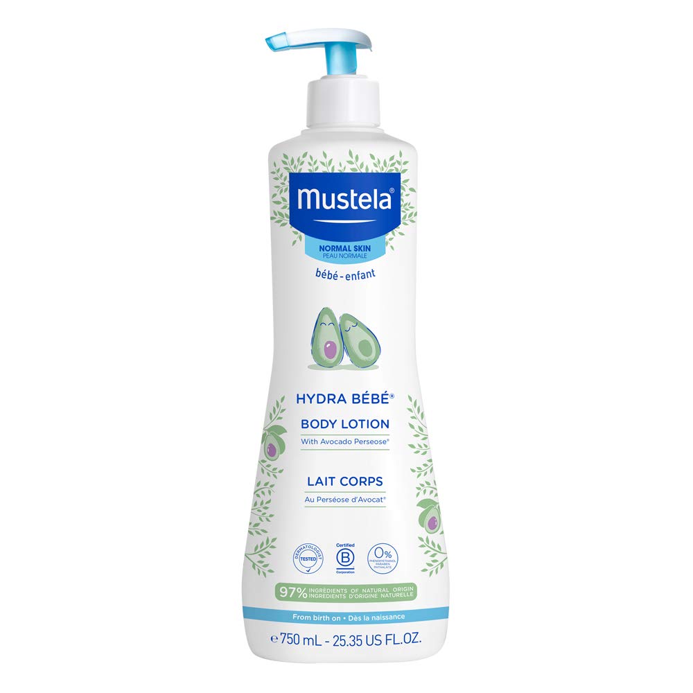 Lotion hydratante pour bébé Mustela Hydra Bebe avec huile d'avocat, jojoba et tournesol, flacon de 25,35 oz.