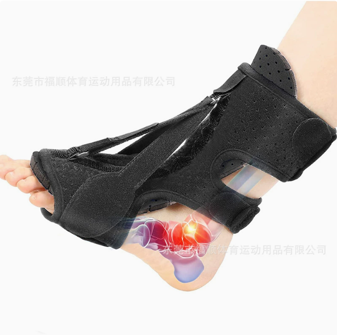 Attelle de nuit pour fasciite plantaire de la marque Boutique Angenor, montrant une orthèse de nuit douce et ajustable pour soulager la douleur.