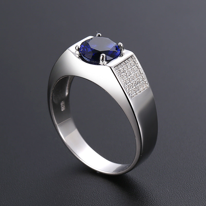 Bague en argent sterling S925 avec saphir rond rétro et diamants, bijou élégant de Boutique Angenor.