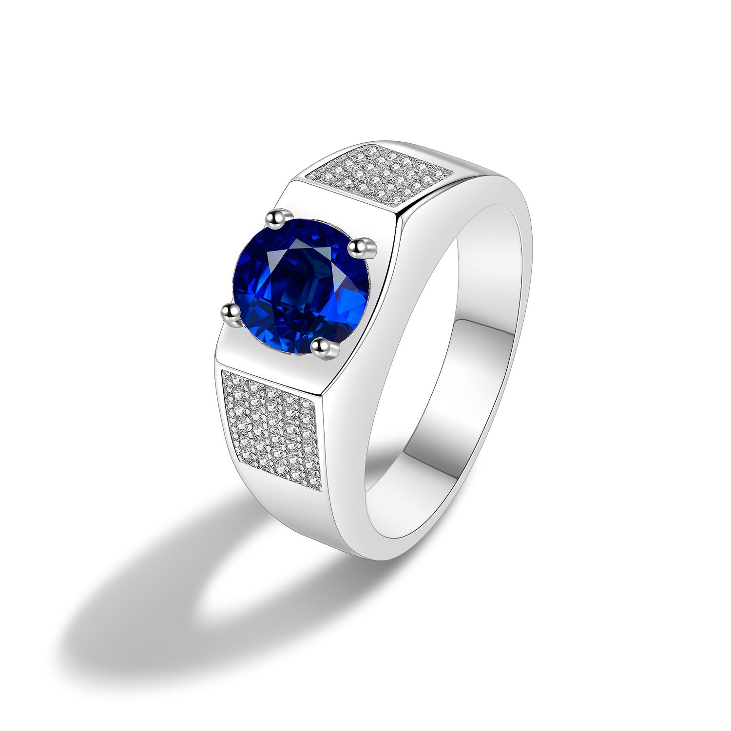 Bague rétro en argent sterling S925 avec saphir rond et diamant, bijou élégant de Boutique Angenor.