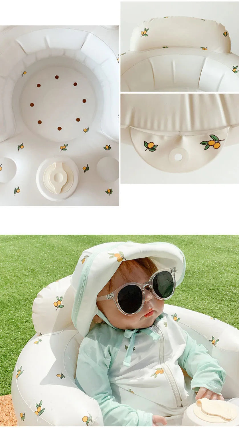 Chaise gonflable pour bébé de Boutique Angenor, adaptée pour dîner et bain, en plastique coloré avec repose-tête intégré.